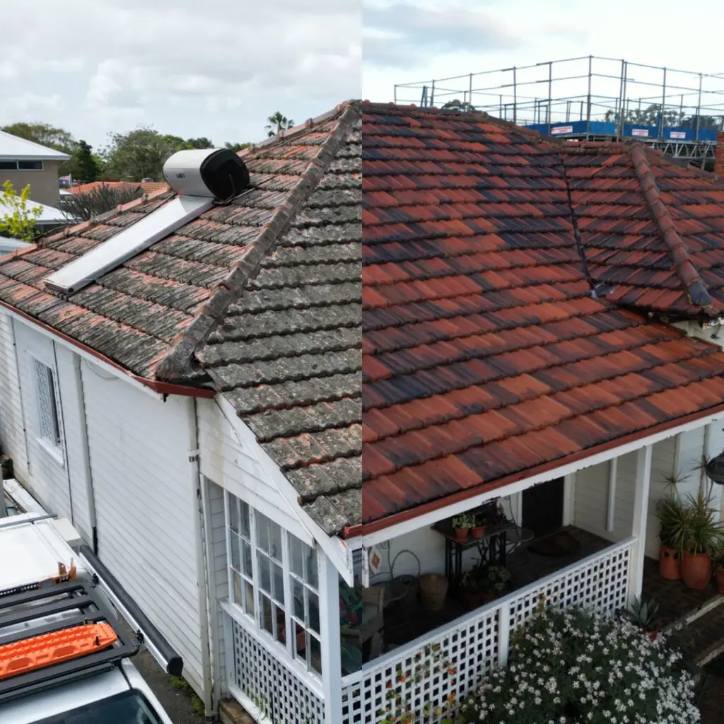 Before and after professional roof cleaning in Perth showing dramatic roof transformation.